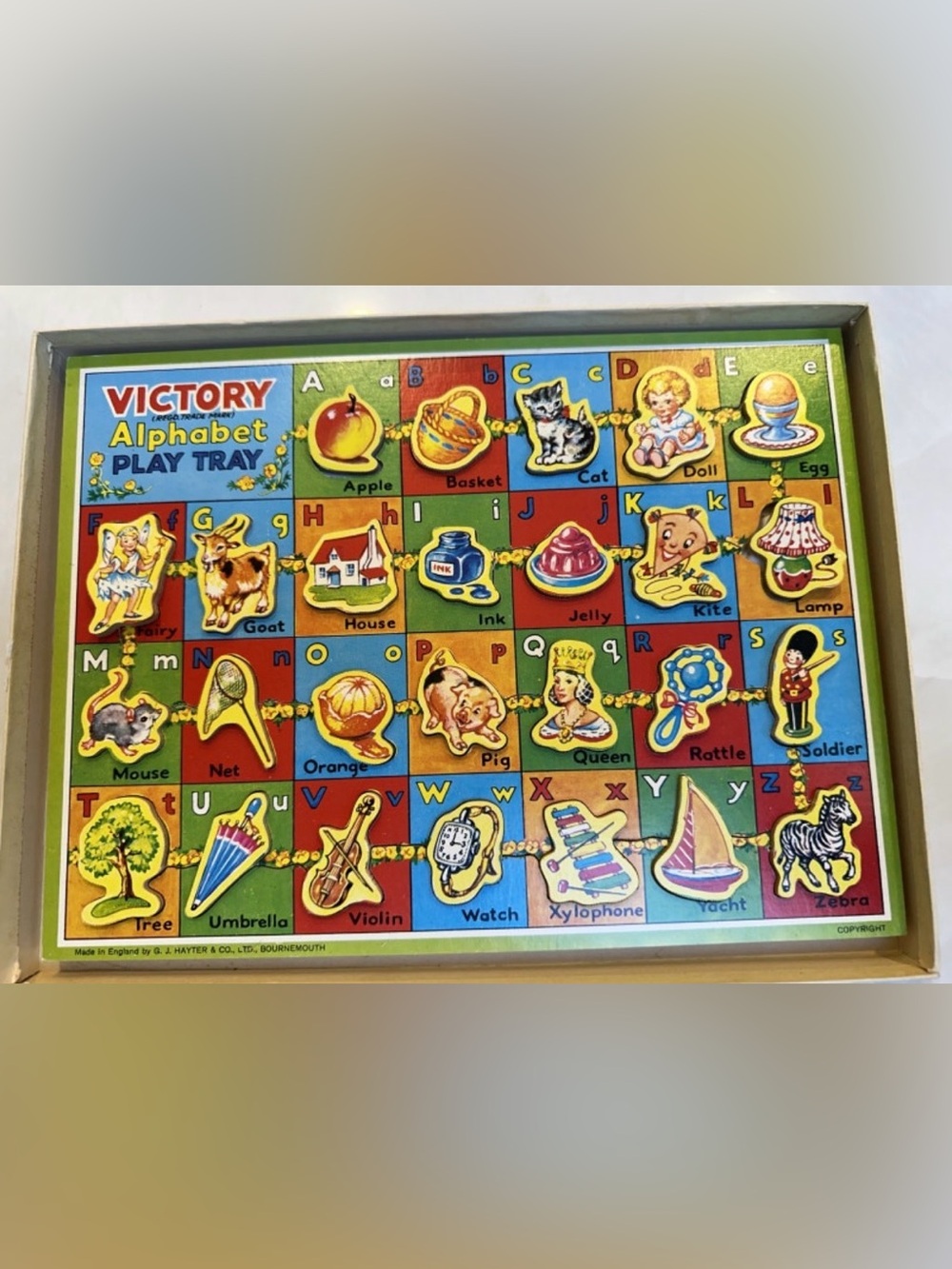 Vintage 1950s Wooden Alphabet Play Tray Victory Puzzle